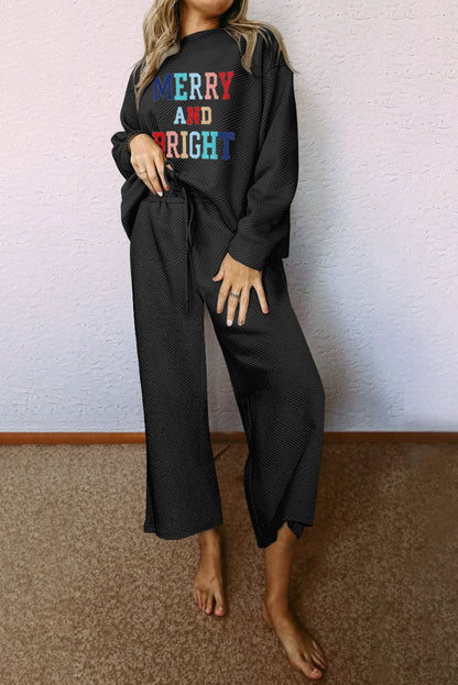 Black Textured MERRY AND BRIGHT Stitching Graphic Pants Set