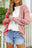 Pink and White Color Block Leopard Print Waffle Knit Long Sleeve Top