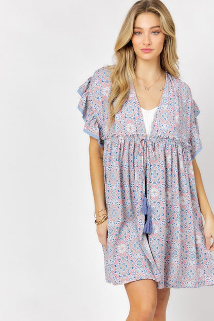 PRINTED SHORT SLEEVE RUFFLE KIMONO