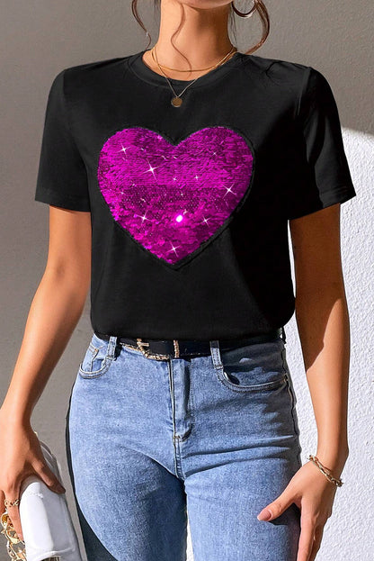 Black Valentine Two Tone Sequin Heart Graphic Tee