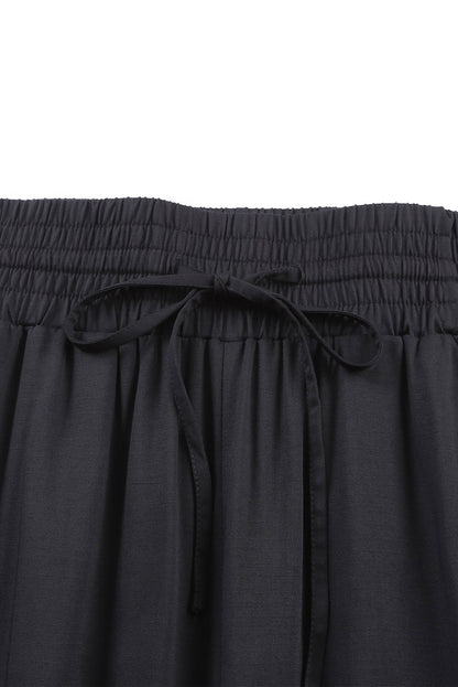 Black Casual Drawstring Shirred Elastic Waist Wide Leg Pants