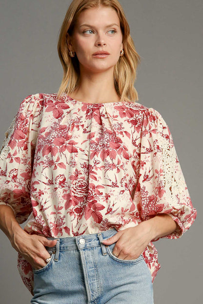 Umgee Floral Pleated Detail Lace Trim Sleeve Blouse