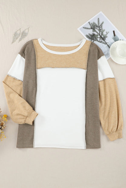 Khaki Color Block Exposed Seam Long Sleeve T Shirt