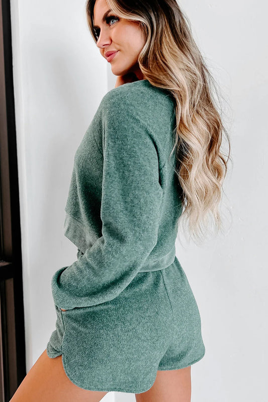 Green Fleece Cropped Pullover & Shorts Two Piece Shorts Set