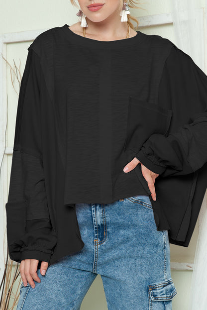 Green Splicing Long Sleeve Pocketed Oversized Top