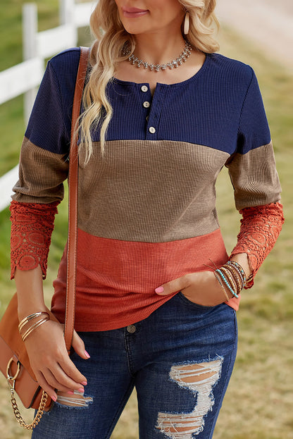 Color Block Ribbed Lace Crochet Sleeves Henley Shirt for Women