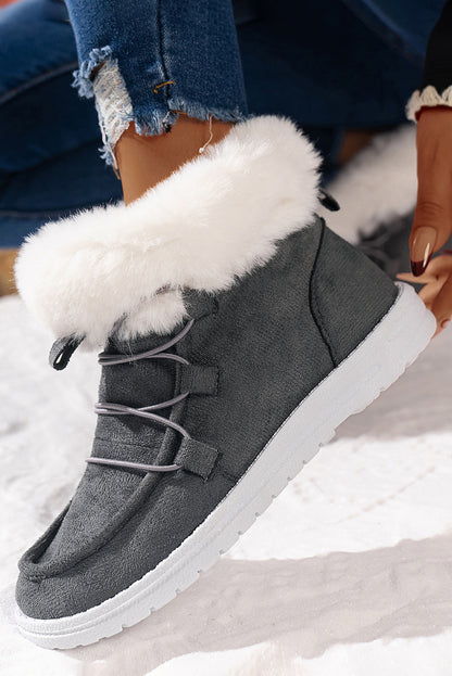 Dark Grey Suede Square Toe Plush Lined Drawstring Ankle Boots