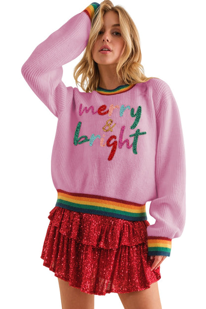 White Glitter Merry & Bright Rainbow Striped Trim Sweater