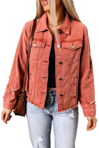 Red Distressed Raw Hem Pocket Buttons Denim Jacket