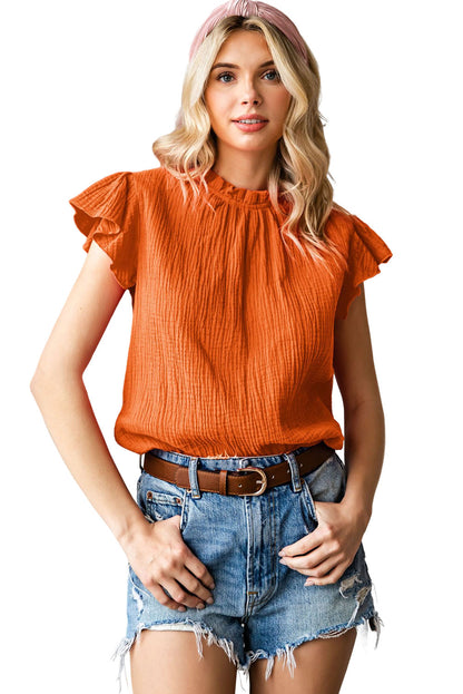 Rosy Crinkled Ruffle Casual Short Sleeve Blouse