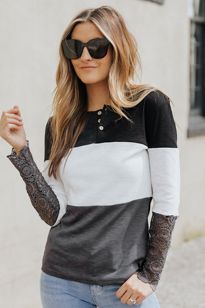 Color Block Ribbed Lace Crochet Sleeves Henley Shirt for Women