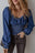 Dark Blue Smocked Ruffle Puff Sleeve V Neck Denim Top