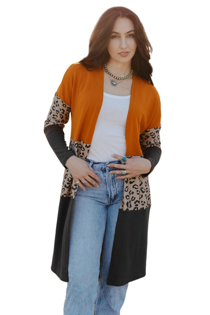 Orange Leopard Print Colorblock Patchwork Knit Cardigan