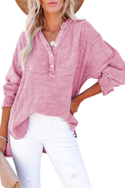 Pink Loose Crinkle Button V Neck Henley Top