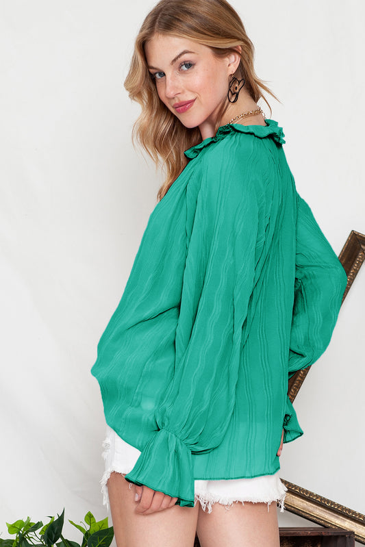 Green Crinkle Frilled Neck Pleated Long Sleeve Blouse