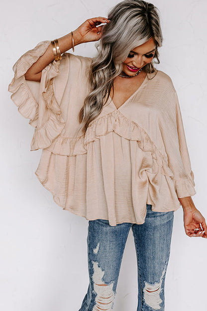 V Neck Draped Batwing Sleeve Ruffle Top