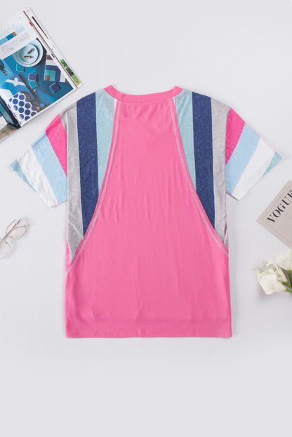 Pink Stripe Patchwork V Neck T Shirt