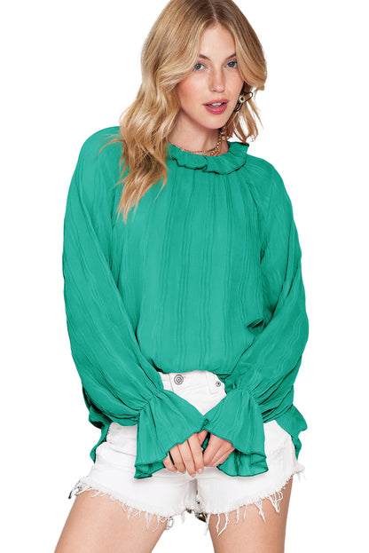 Green Crinkle Frilled Neck Pleated Long Sleeve Blouse