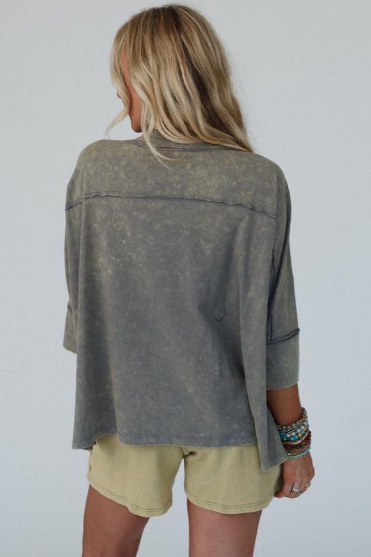 Medium Grey Floral Star Patched Exposed Seam Mineral Wash Top