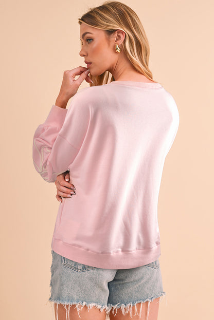 Light Pink Flower Pattern Drop Shoulder Loose Sweatshirt