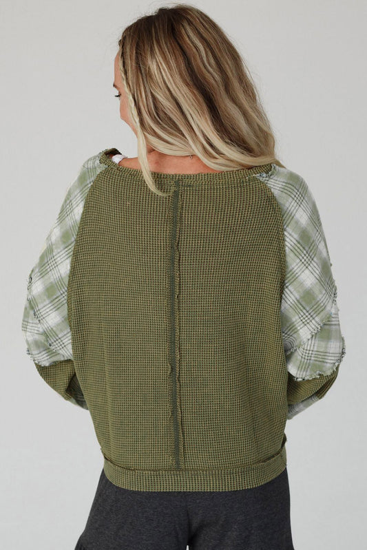 Green Plaid Patch Waffle Knit Long Sleeve Top