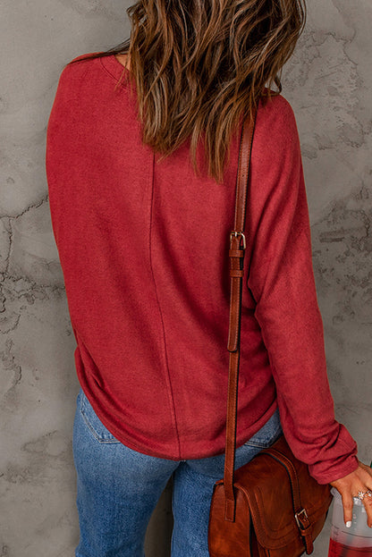 Red Basic Solid Color Seam Patchwork Long Sleeve Top