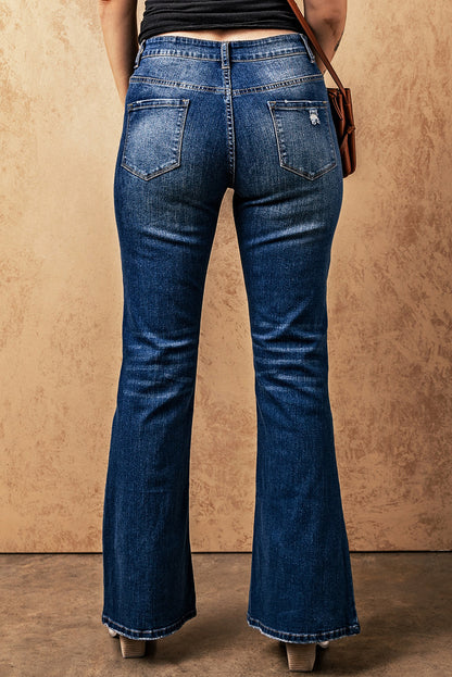 Light Blue Casual Seam Distressed High Waist Flare Jeans