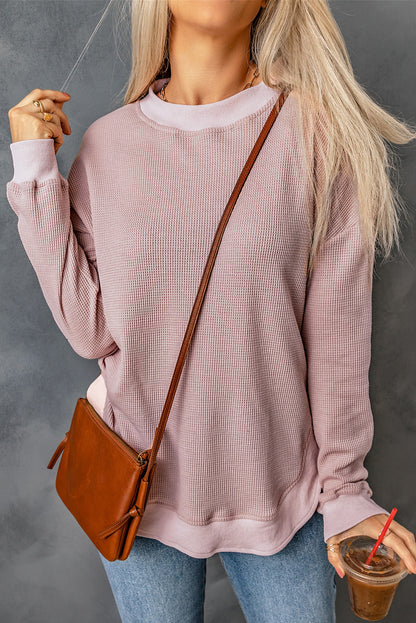 Pink Waffle Knit Crew Neck Casual Long Sleeve Top