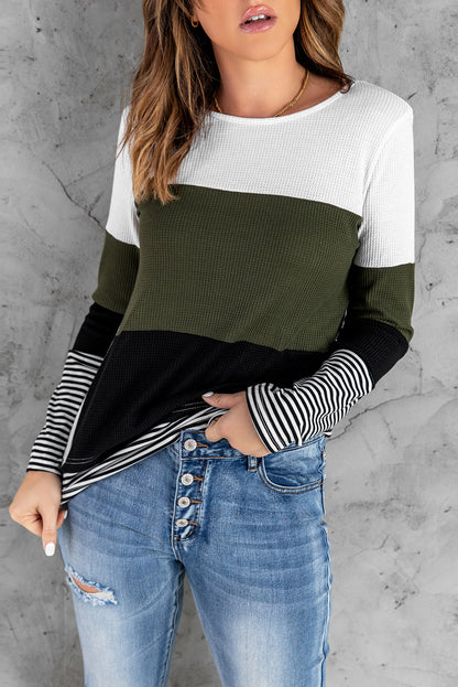 Color Block Stripes Trim Patchwork Casual Textured Long Sleeve Top