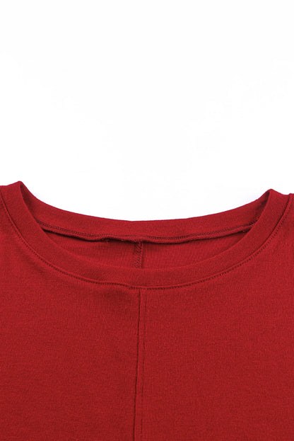 Red Basic Solid Color Seam Patchwork Long Sleeve Top