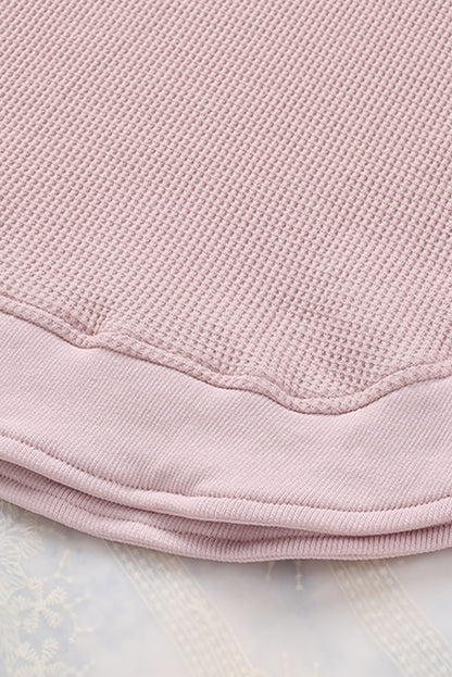 Pink Waffle Knit Crew Neck Casual Long Sleeve Top