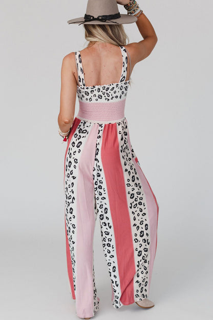 Leopard Color Block Mix Print Pocketed Jumpsuit