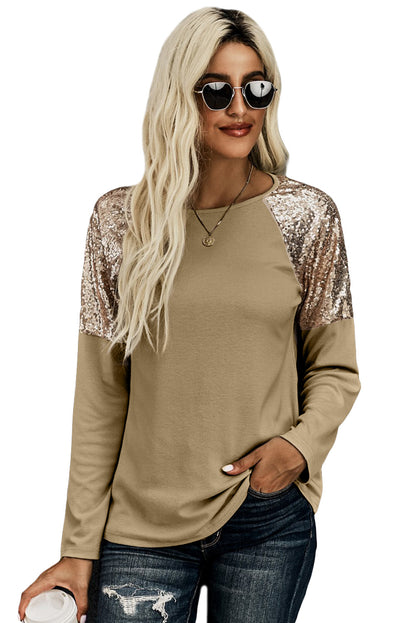 Black and Gold Raglan Sleeve Sequin Top Pullover Long Sleeve Shirt