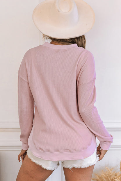 Pink Waffle Knit Crew Neck Casual Long Sleeve Top