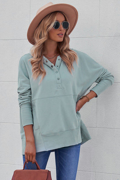 Light Blue Casual Batwing Sleeve Pocket Henley Hoodie