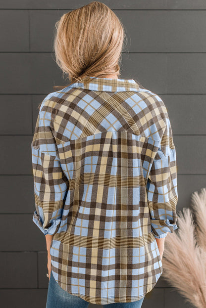 Pink Drop Shoulder Rounded Hem Plaid Pattern Shirt