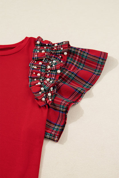Racing Red Plaid Pearl Ruffled Sleeve Knitted Christmas Holiday Plus Size Top
