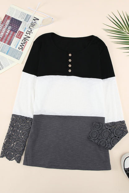 Color Block Ribbed Lace Crochet Sleeves Henley Shirt for Women