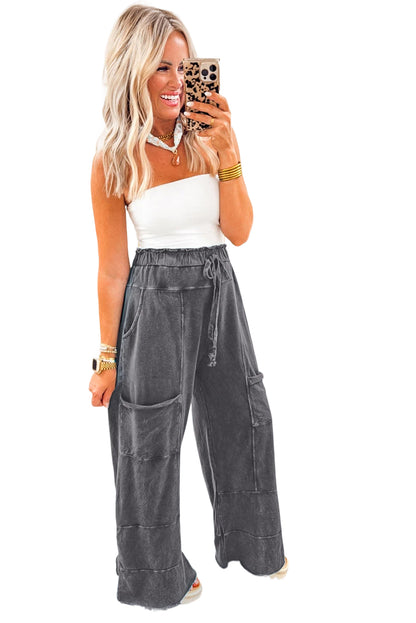 Medium Grey Mineral Wash Knot High Waist Raw Hem Pants