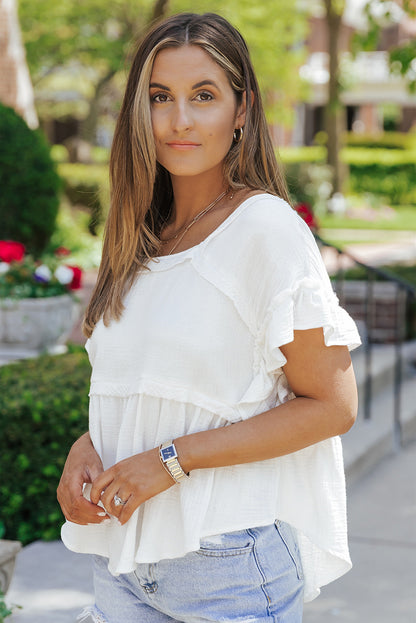 Rosy Crinkled Ruffle Casual Short Sleeve Blouse