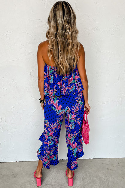 Blue Boho Tropical Print Ruffle Overlay Strapless Flared Jumpsuit