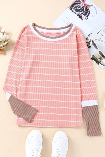 Brown Contrast Spliced Color Block Cuffs Rib Knit Top