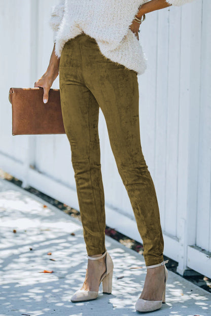 Khaki Mid Rise Faux Suede Skinny Leggings