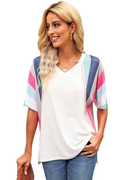 Pink Stripe Patchwork V Neck T Shirt