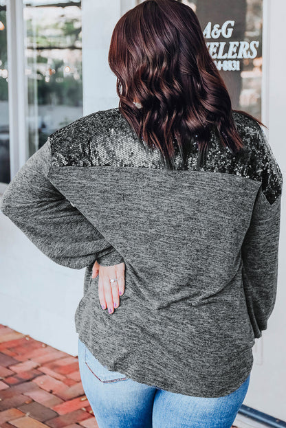 Gray Sequin Patchwork Long Sleeve Plus Size Top