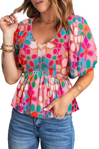 Apricot Floral Print Puff Sleeve Blouse V Neck Smocked Peplum Top