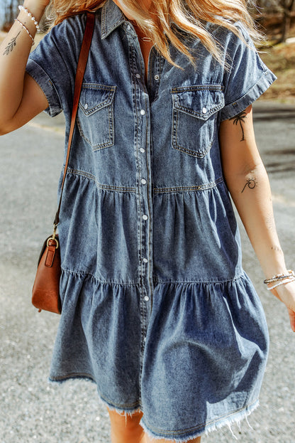 Gray Button Up Short Sleeve Denim Shirt Dress