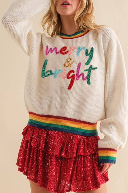 White Glitter Merry & Bright Rainbow Striped Trim Sweater