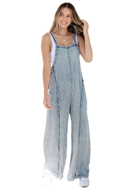 Blue Light Wash Frayed Exposed Seam Wide Leg Denim Overalls