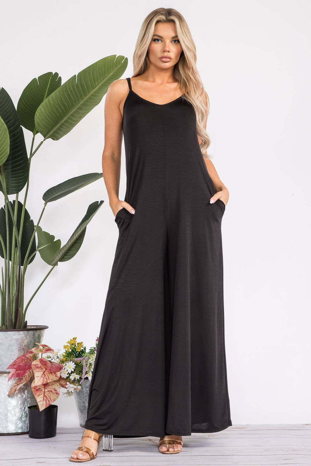 HH697R-S - Spaghetti Strap Wide Leg Jumpsuit